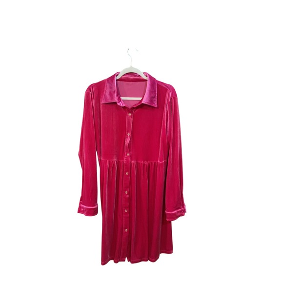 Pink Velvet Shirt Dress Long Sleeve Mini Babydoll Style Women's XL - Picture 1 of 3